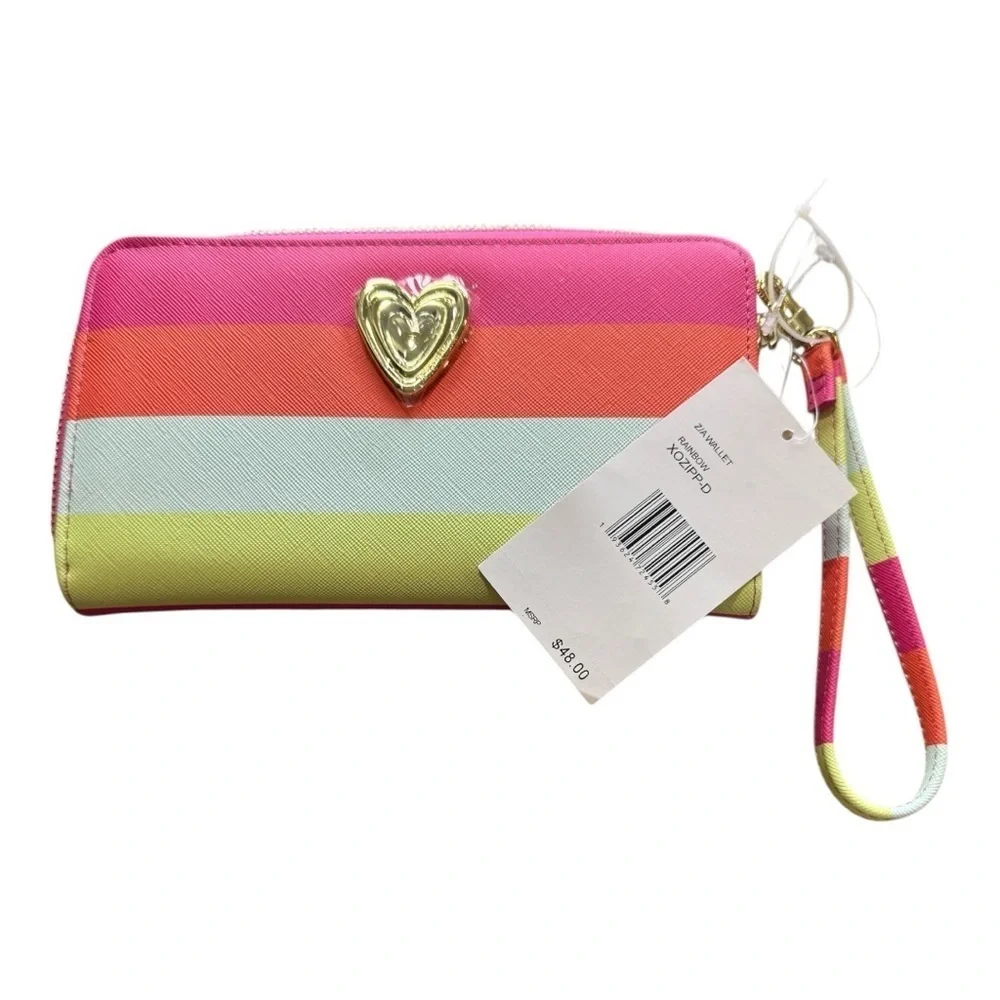 NWT Betsey Johnson Rainbow Colorblock Gold Heart Zip Wristlet Wallet